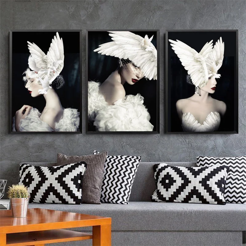 

Elegant Beautiful Thinking Women Poster White Pigeon Picture For Living Room Home Wall Art Print Canvas Painting Picture Decor