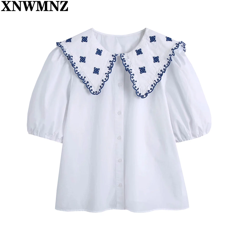 

XNWMNZ NEW Women Agaric Lace Embroidery Patchwork Poplin Shirt Office Lady Puff Sleeve Casual Blouse Roupas Chic Chemise Tops