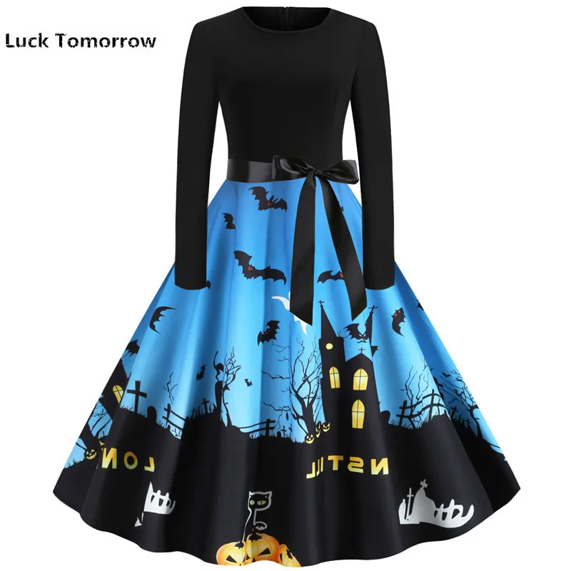 Женское платье с длинным рукавом зеленое в стиле 50-60-х годов тыквой черепом на