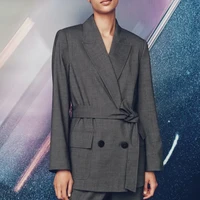 2021 gray belted wrap woman blazer autumn lapel long sleeve double breasted suits casual chic pocket fashion women clothing