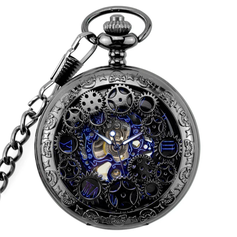 

Gear Gun Black Mechanical Pocket Watch Retro Flip Denim Chain Hollow Pocket Watch For Men Women Watches PH15