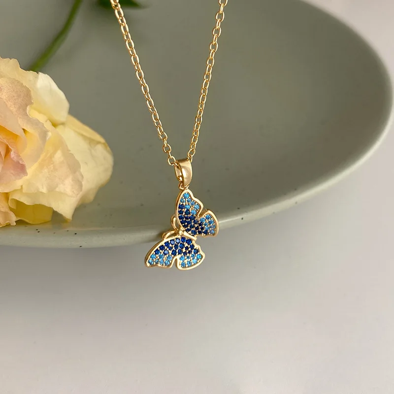 

Delicate Jewelry Blue Butterfly Pendant Necklace Pretty Design Hot Selling Golden Plating Chain Necklace For Girl Lady Gifts