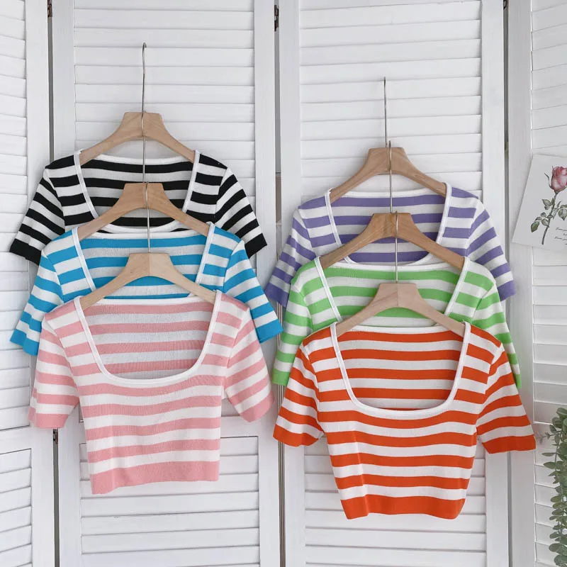 

Urban Knitted Y2k Crop Top Short Sleeve Striped Cropped For Gilrs Blouses Kawaii Clothes Women's Tee Shirt Pulovers Female Tops