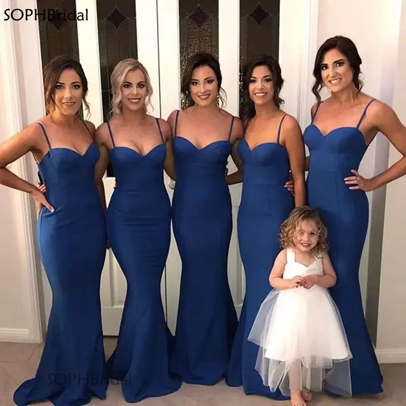 

New Arrival Mermaid Bridesmaid Dresses 2021 Navy Blue Spaghetti Strap Wedding Party Dress Vestidos Robe de Soirée de Mariage