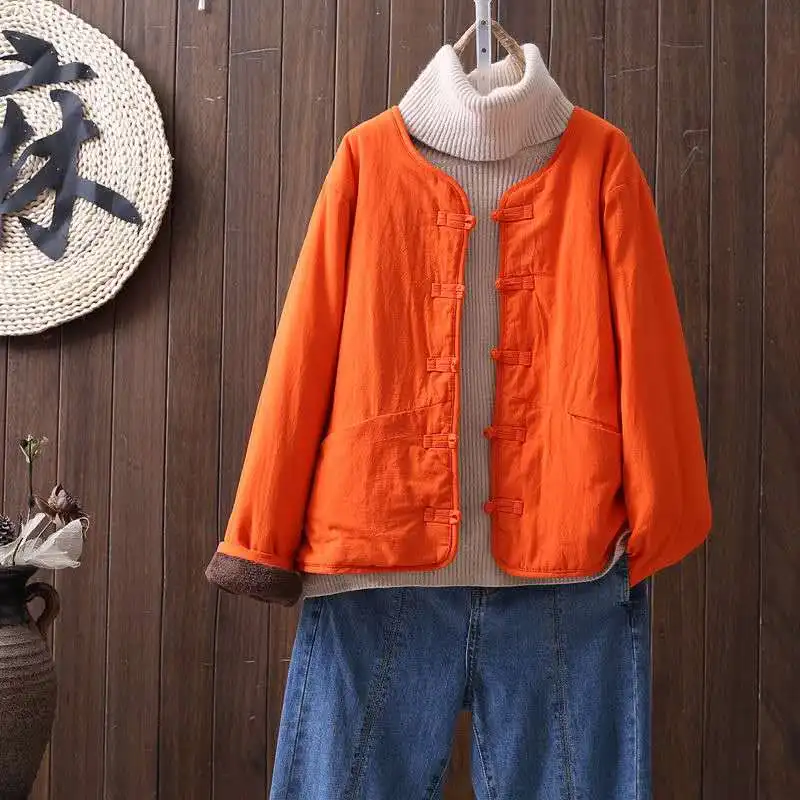 2021 autumn and winter retro cotton and linen cotton-padded clothes  cotton-padded jacket  female disc button loose top