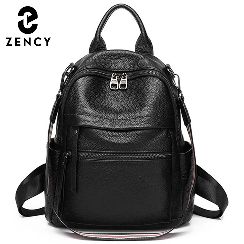 

Zency Soft Genuine Leather Backpack Women's Bag for Multifunction Large Capacity Knapsack Girl to School Bag Black Shoulder Bags