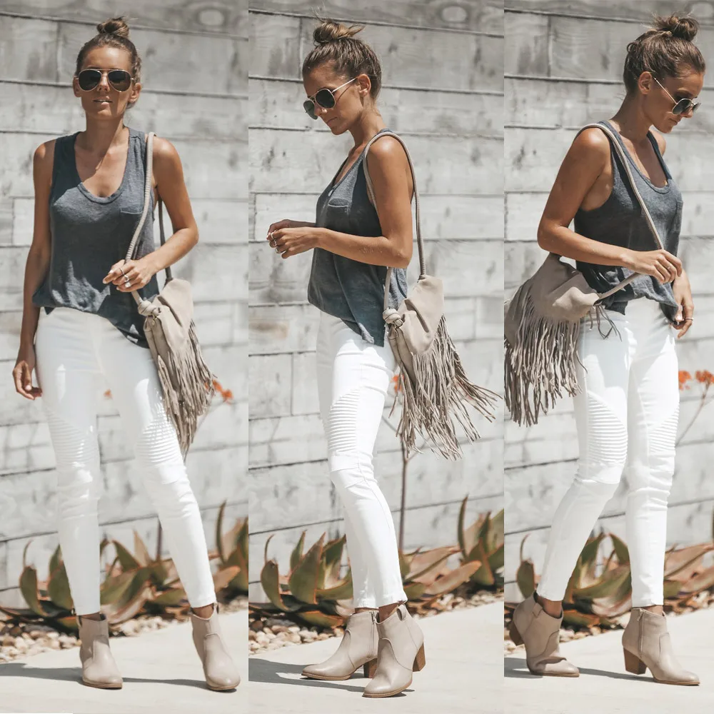 

Trendy Solid Hip Stretch Jeans Ladies Ripped Washed Pleated Jeans for Women Full Length Elastic High Waist Denim Pencil Pants