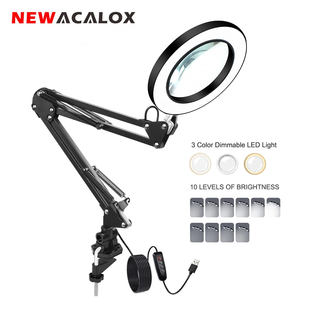 

NEWACALOX 5X Illuminated Magnifier USB 3 Colors LED Magnifying Glass for Soldering Iron Repair/Table Lamp/Skincare Beauty Tool