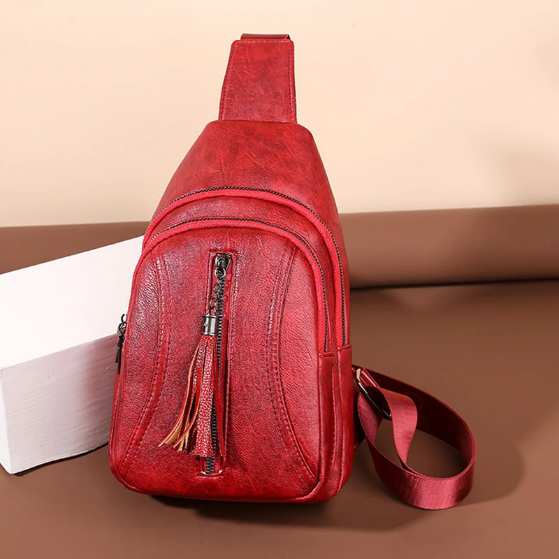 

New Style Tassel PU Women's Crossbody Chest Bag Fashion Travel Shoulder Bags With Earphone Hole Female Multi-Functional Rucksack