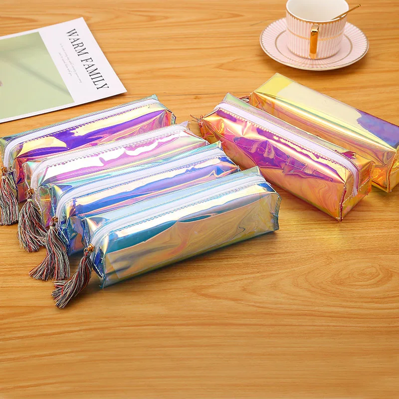 Портативный цветной мини чехол для карандашей с голограммой на молнии макияжа