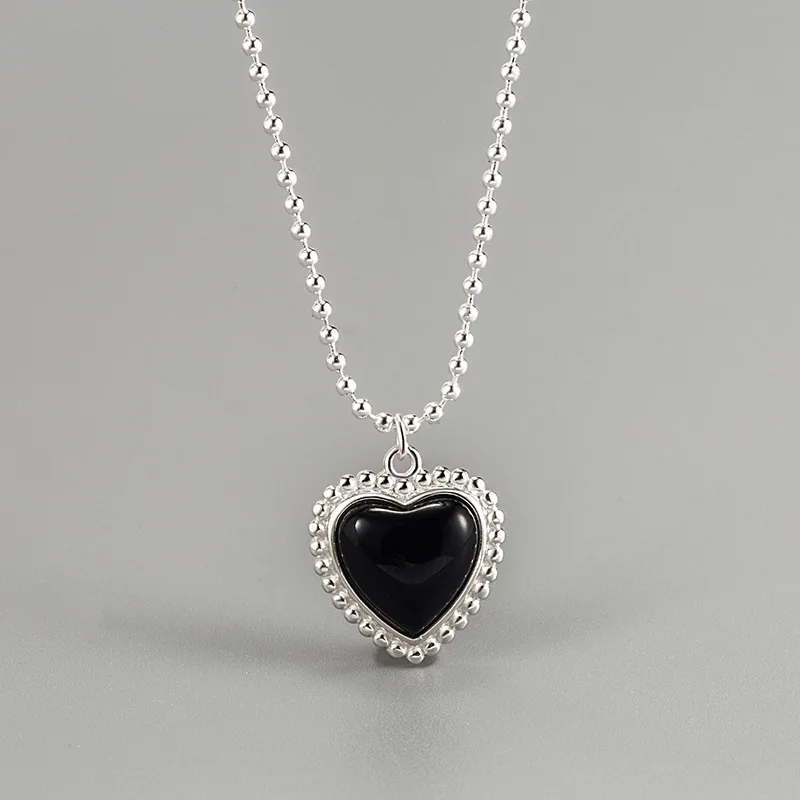 

Korea S925 Sterling Silver Black Agate Love Necklace Ins Design Light Luxury Temperament Clavicle Chain Female