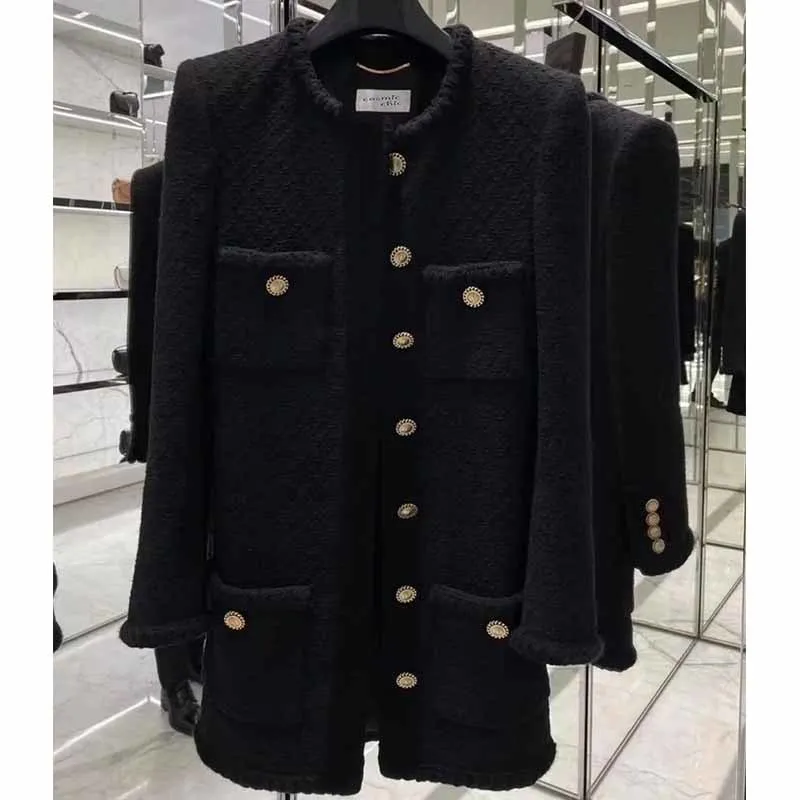 

Cosmicchic 2021 Autumn Winter Tweed Coat Women Runway Design O-neck Single Breasted Pockets Vintage Slim Coats Ladies Outwear