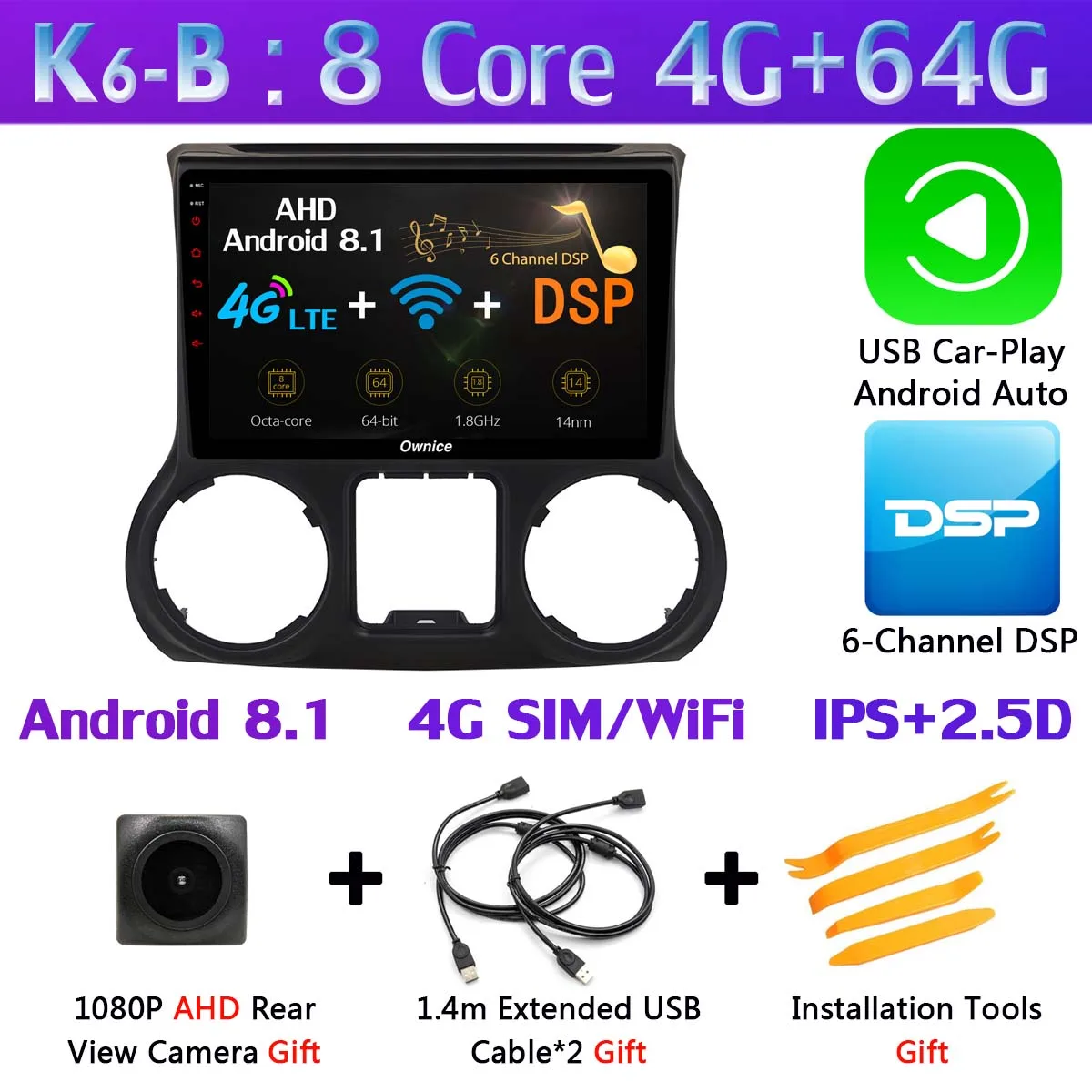 K6-B-CarPlay Панорамная камера 360 ° 4G LTE WiFi Android 9,0 4+ 64G gps CarPlay SPDIF DSP автомобильный Радио плеер для Jeep Wrangler 3 JK 2011 - Цвет: K6-B-CarPlay