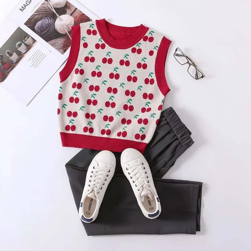 

Autumn knitted printed cherry sweater vest women's clothing knitted vest loose sleeveless vest trend women vintage sweater vest