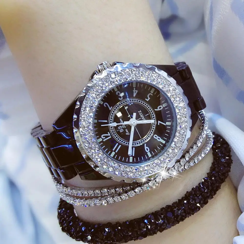 Женские часы со стразами черные белые керамические с большим циферблатом