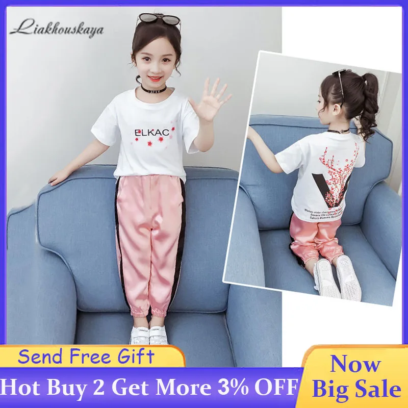 Костюмы для девочек летняя Модная хлопковая футболка с цветочным принтом +