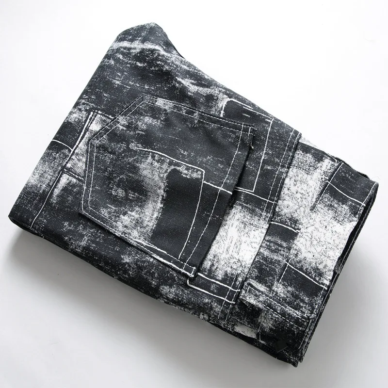Men's Four-Season Jeans Youth Straight Black Denim Trousers High Quality Soft Slim Fit Printing Denim Designer Casual Biker Pant