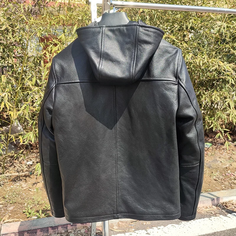 Бесплатная доставка. Кожаная куртка из черной коровьей кожи. Весеннее пальто