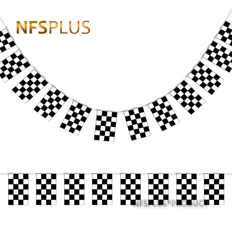 

F1 Racing Checkered Hanging Flag 20PCS 6M Polyester Black White Printed Home Decorative 14x21cm Auto Sports Flags and Banners