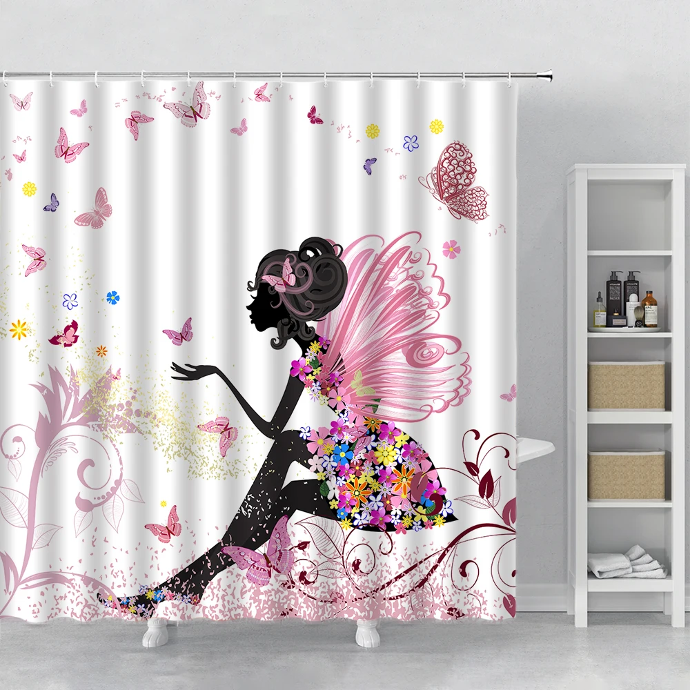 

Fairy Girl With Wings In Flowers Fantasy Garden Flying Butterflies Shower Curtain Pink Fabric Bathroom Decor Curtains With Hook