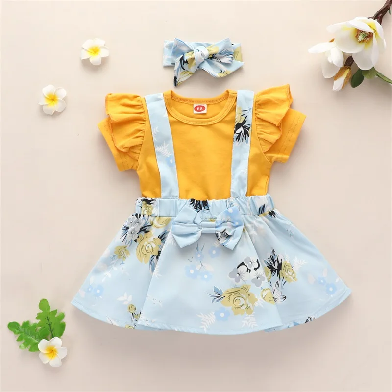 

Summer Baby Girl Clothes Set Ruffle Short Sleeve T-shirt Top Printed Sling Dress Headband