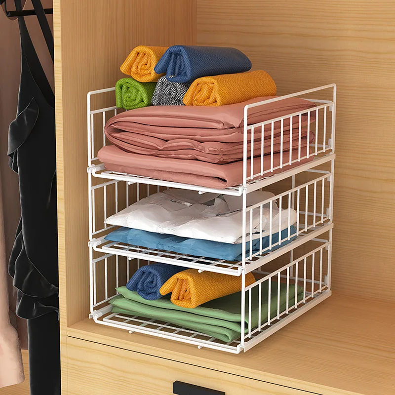 

ORZ Clothes Organizer Stackable Sliding Out Wire Basket 2 Pcs Shelf Divider Closet Wardrobe Clothes Storage Rack