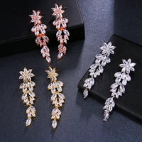 ekopdee luxury flower long tassel earrings women vintage bling cubic zirconia bridal earrings female bridal wedding jewelry new