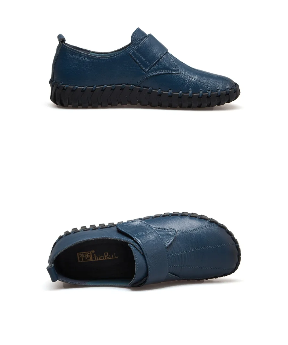 Spring Ladies Genuine Leather Handmade Shoes Women Hook&Loop Flat Shoes Women Autumn Soft Loafers Flats