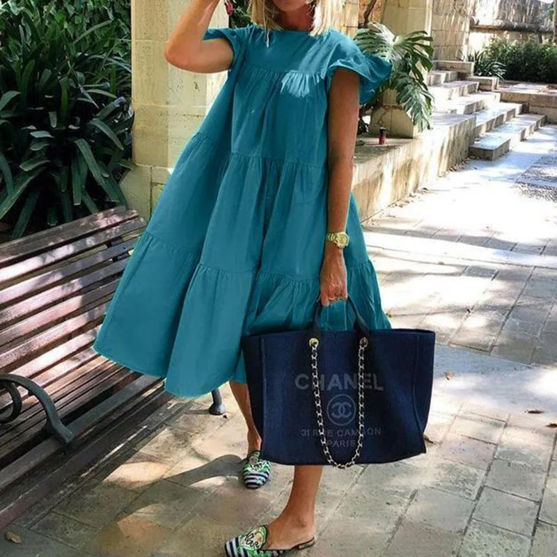 

Retro Women Petal Short Sleeve A-Line Dress Summer O-Neck Daisy Print Party Dresses Ladies Knee-Length Beach Dresses Vestidos