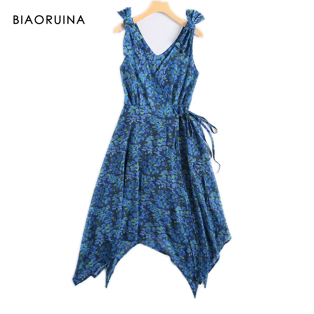 Женское асимметричное платье BIAORUINA голубое с цветочным принтом бантом без