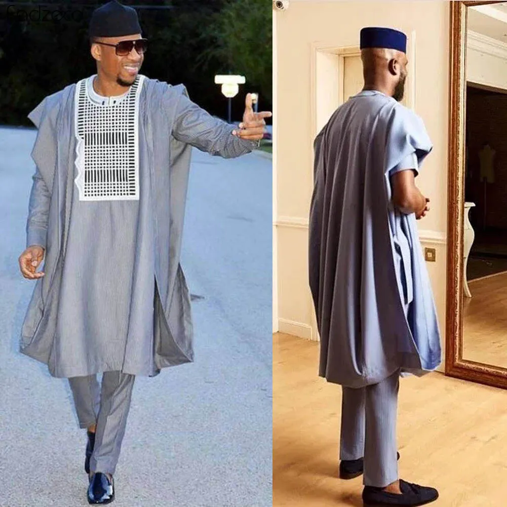 Fadzeco Agbada 2019 Мужская африканская 3 шт. размера плюс Dashiki белая вышивка приталенная