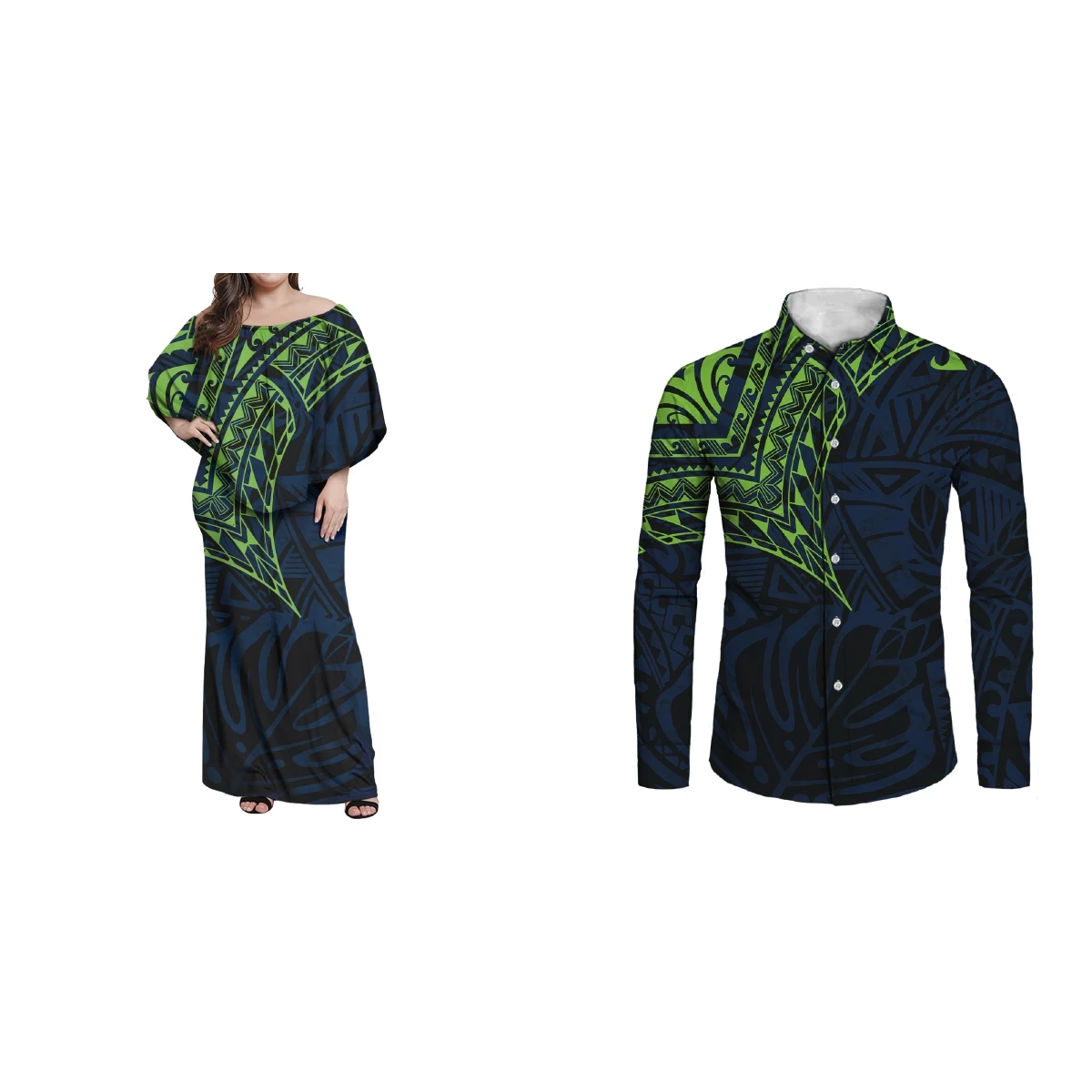 Hot Sale Women's Dress Men's Shirts Custom Polynesian Tribal Blue Background with Green Stripe Prints Newest Fashion Couple Wear