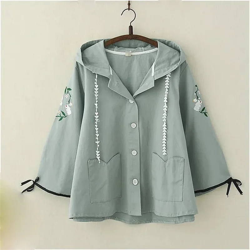 

2021 Female Spring Autumn Sweet Rabbit Embroidery Lace-Up Hooded Jacket Women Student All-Match Leisure Soft Cloak Top Coat A149