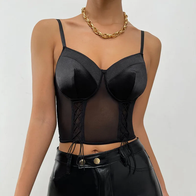 

Mixcb Black Crop Top Elegant Lace Bodysuit For Women Backless Drawstring Decoration lace sexy Top women 2021 summer new style