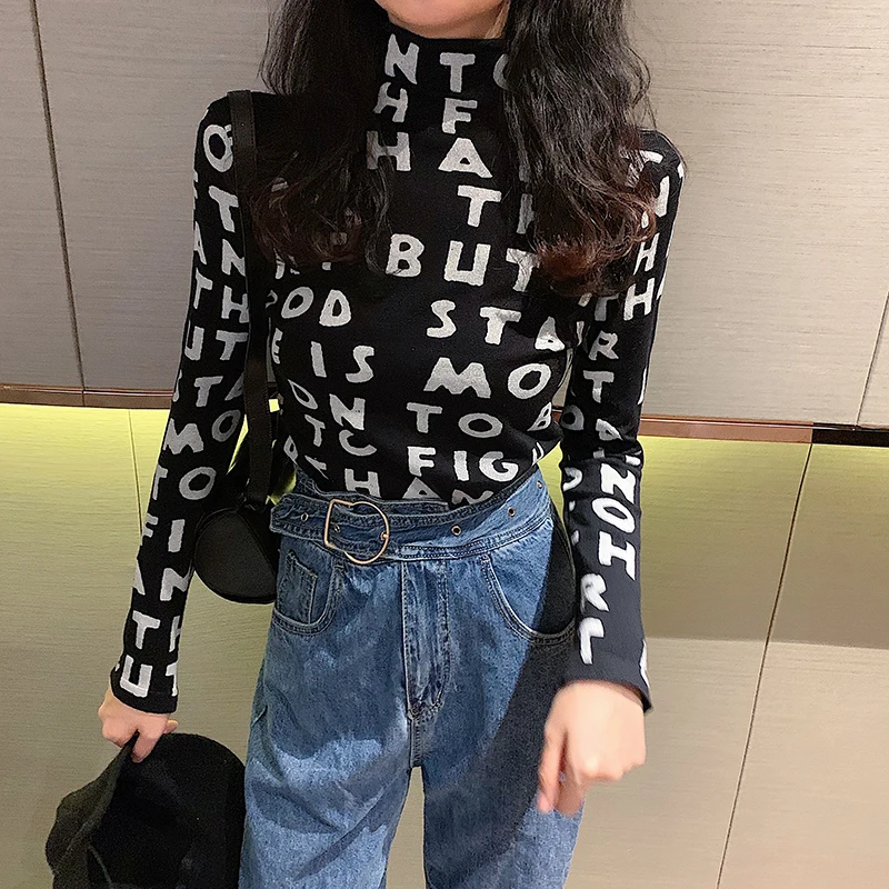 Женская водолазка с буквенным принтом GRUIICEEN облегающая футболка длинными