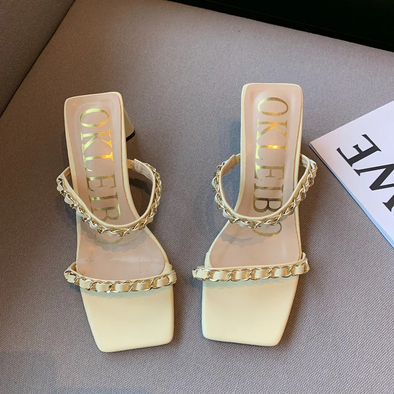 

Woman Gold Metal Chain Sexy Slippers Genuine Leather Slip on Shoes Brand Design Open Toe Square High Heels Casual Slides Mules