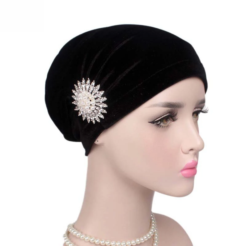 Женская бархатная Шапка-тюрбан с оборками и блестящими перламутровыми Головными