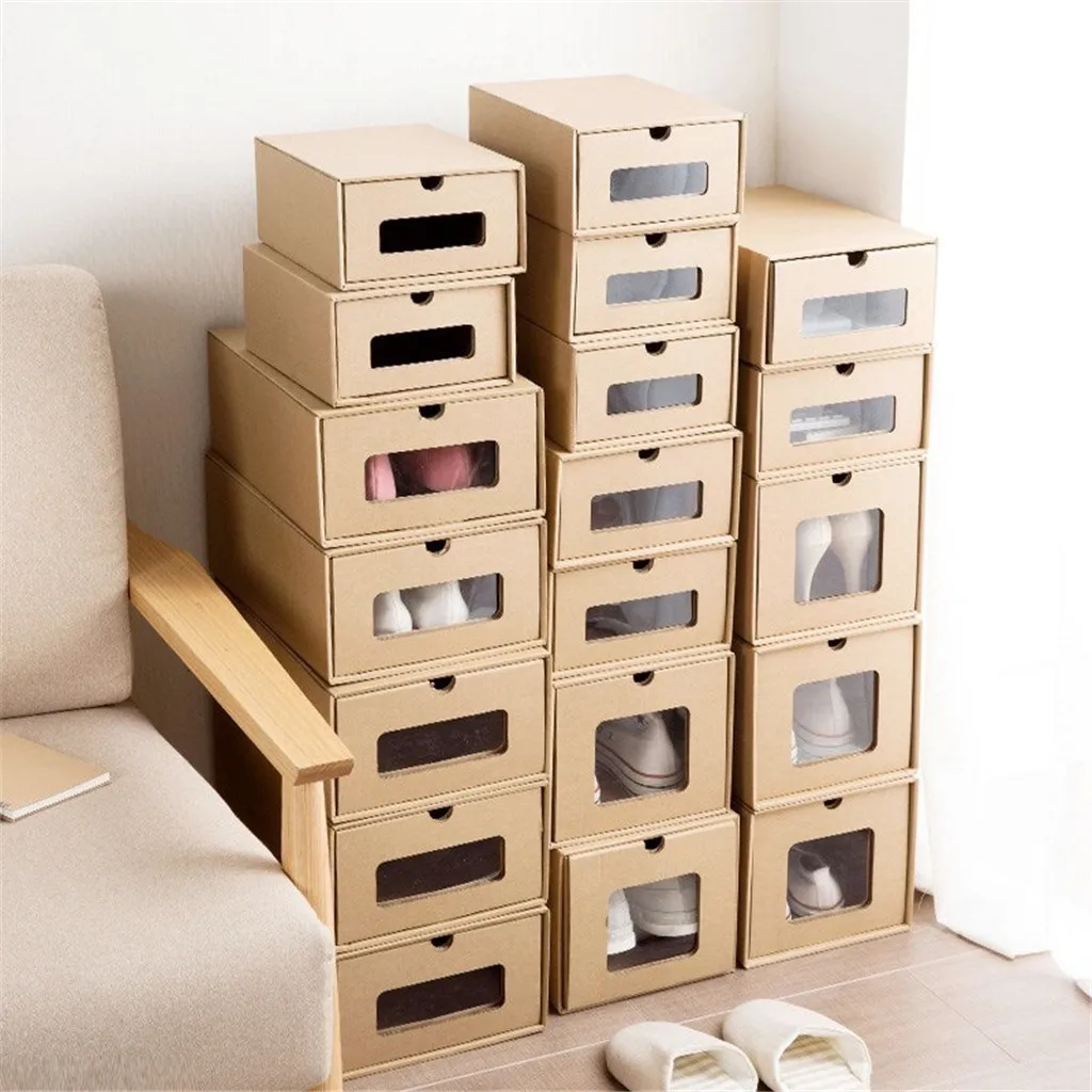 Foldable Shoes Storage Box Cardboard BoxesThickened Kraft Transparent Drawer Shoebox Receptacle 2021 New | Дом и сад
