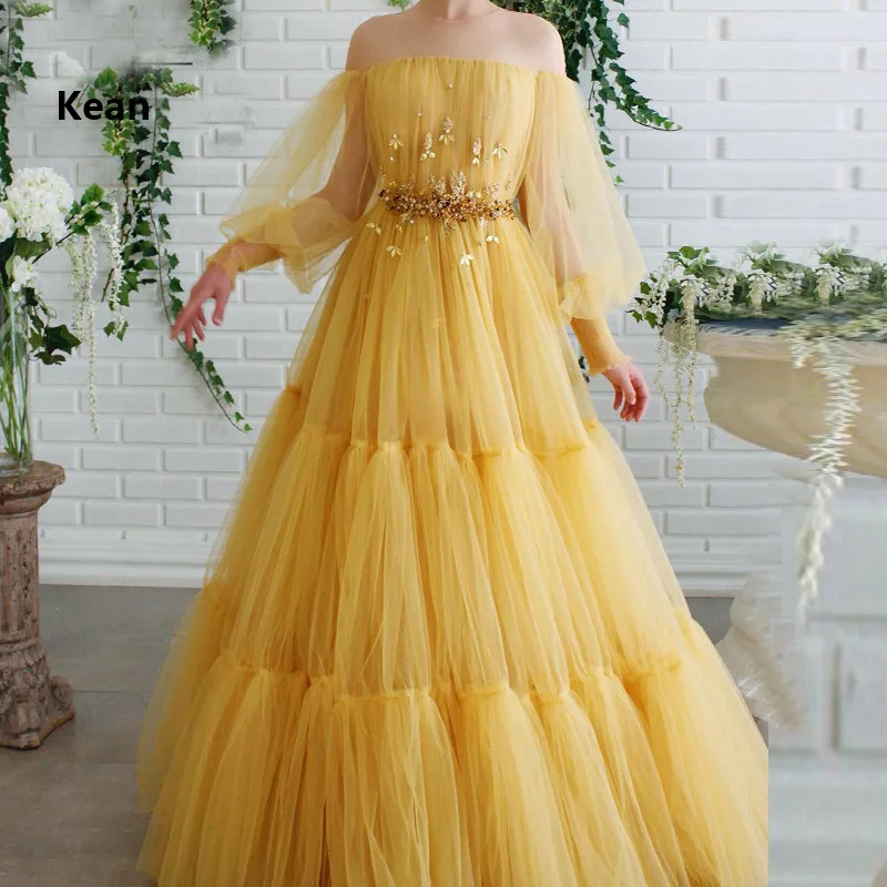 

Жёлтое мусульманское вечернее платье с открытыми плечами и многоярусными бусинами, исламский Дубайский кафтан, Саудовский арабский вечерний наряд в стиле бохо, платье для выпускного вечера, изготовление на заказ