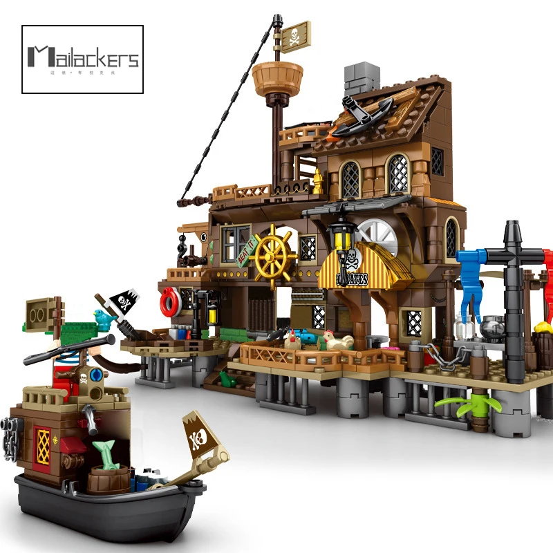 

Mailackers Pirates Ship Adventure House Wharf Building Blocks Ideas Island Storm Vessel Boat Movie Model Bricks Toys for Kids