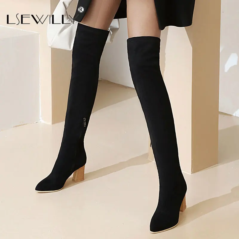 

Lsewilly 2021 New Flock Women Over the Knee Boots Thick High Heel Pointed Toe Ladies Long Boots Side Zipper Women Shoes Black