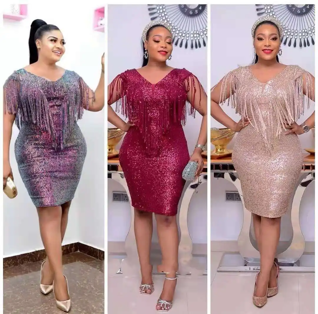 

Африканские платья для женщин, Осеннее Африканское женское платье без рукавов с V-образным вырезом и блестками, Платье До Колена, африканска...