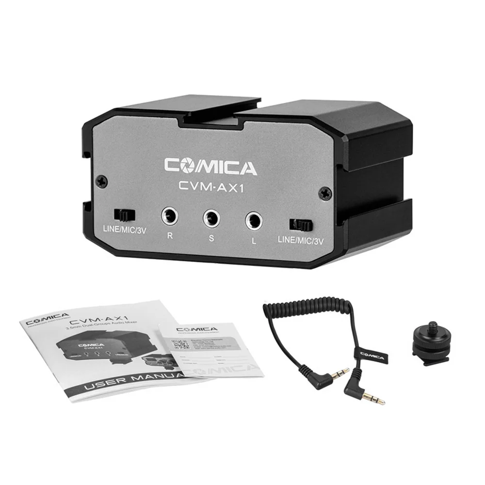 

CoMica CVM-AX1 Audio Mixer Adapter Universal Dual Channel 3.5mm Port Mixer Support Real-time Monitoring Mono/StereoOutput Switch