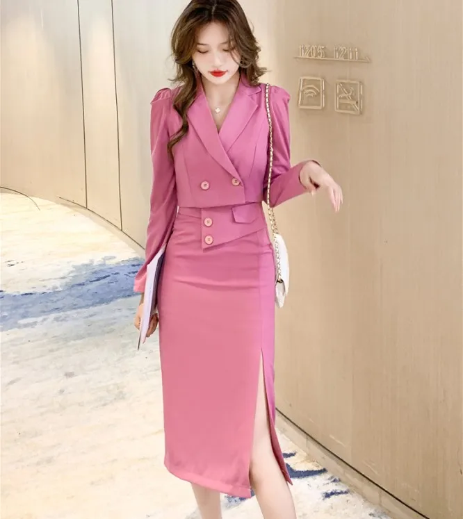 

Autumn Lady 2 Piece Set Fashion Elegant Office OL Notched Puff Sleeve Short Blazer Top + High Waist Bodycon Split Skirt Suit