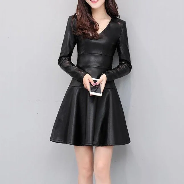 Осеннее черное платье из искусственной кожи с длинным рукавом для женщин Jurken