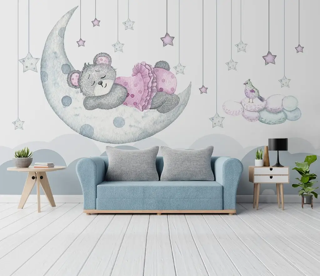beibehang custom Cartoon fantasy moon bud star bear art mural wallpaper for kid's room TV background 3D wall paper bedroom decor