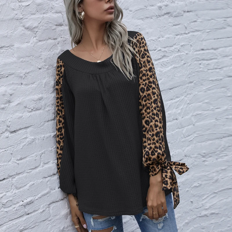 

Women Spring Autumn T-Shirts Leopard Stitching Long Sleeve Casual O-Neck Top Oversized Loose Strapless Female Pullover Plus Size