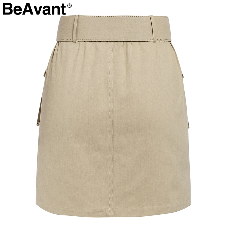 BeAvant Повседневная Хлопковая женская короткая юбка с поясом, модная Осенняя женская короткая юбка с высокой талией и карманами