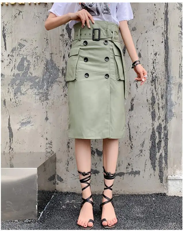 

New Female Genuine Over-The-Knee Leather Women High-Waist Professional Split Sheep Skin One-Step Skirt