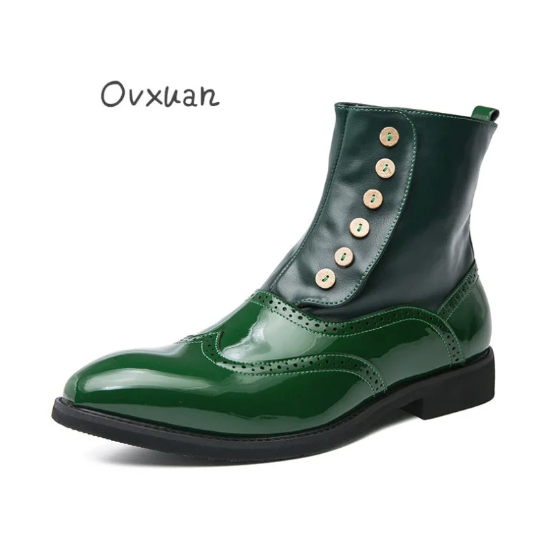 

OVXUAN Mid-Calf Chelsea Boots Green Carved Leather Pointed Toe Button Wedge Business Shoes Oxford Botas Hombre 2021 Brogues Men
